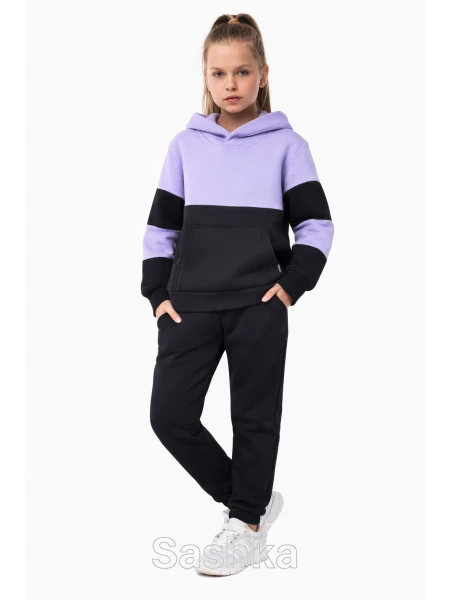 Трикотажний костюм на флісі бузково-чорний з чорними штанами для дівчинки